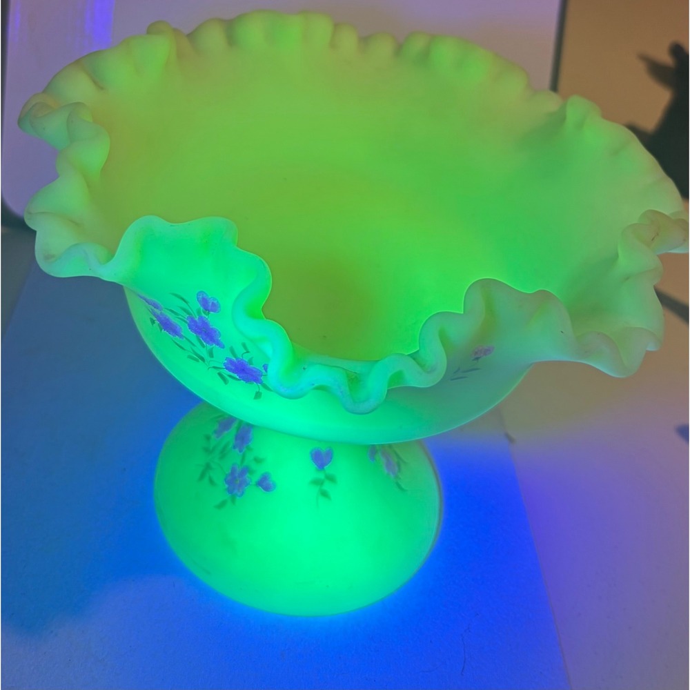 Fenton Custard Glass Uranium Compote Hand Painted Floral Ruffled Candy Dish 6in